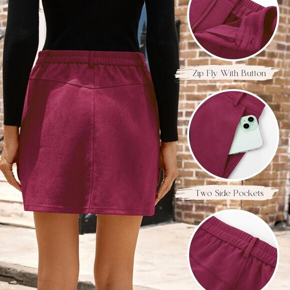 Womens Faux Seude Mini Skirt Fall Winter High Waisted Pencil Skirts with Pockets - Picture 3 of 9